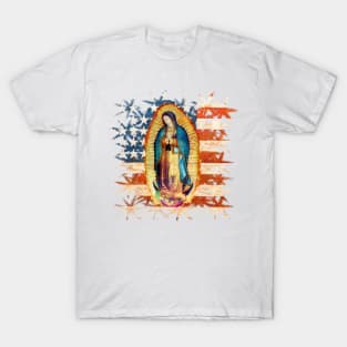 Our Lady of Guadalupe Mexican Virgin Mary USA United States Flag Mexico Catholic T-Shirt